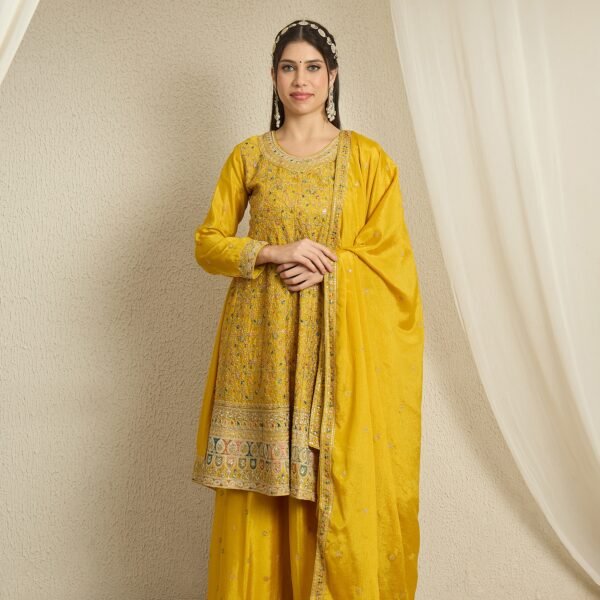 Yellow Embroidered A-line Kurta Palazzo | Round Neck | Knee Length