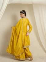 Yellow Embroidered A-line Kurta Palazzo | Round Neck | Knee Length