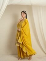 Yellow Embroidered A-line Kurta Palazzo | Round Neck | Knee Length