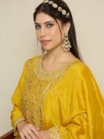 Yellow Embroidered A-line Kurta Palazzo | Round Neck | Knee Length