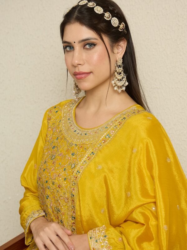 Yellow Embroidered A-line Kurta Palazzo | Round Neck | Knee Length