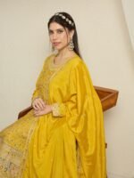 Yellow Embroidered A-line Kurta Palazzo | Round Neck | Knee Length