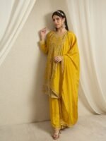 Yellow Embroidered A-line Kurta Palazzo | Round Neck | Knee Length