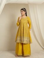 Yellow Embroidered A-line Kurta Palazzo | Round Neck | Knee Length