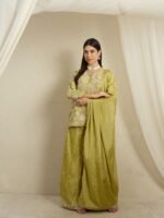 Green Embroidered Kurta Palazzo Set with Lace Dupatta