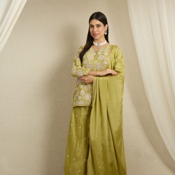 Green Embroidered Kurta Palazzo Set with Lace Dupatta
