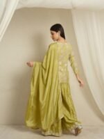 Green Embroidered Kurta Palazzo Set with Lace Dupatta