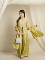 Green Embroidered Kurta Palazzo Set with Lace Dupatta