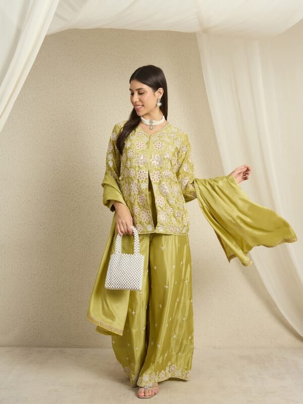 Green Embroidered Kurta Palazzo Set with Lace Dupatta
