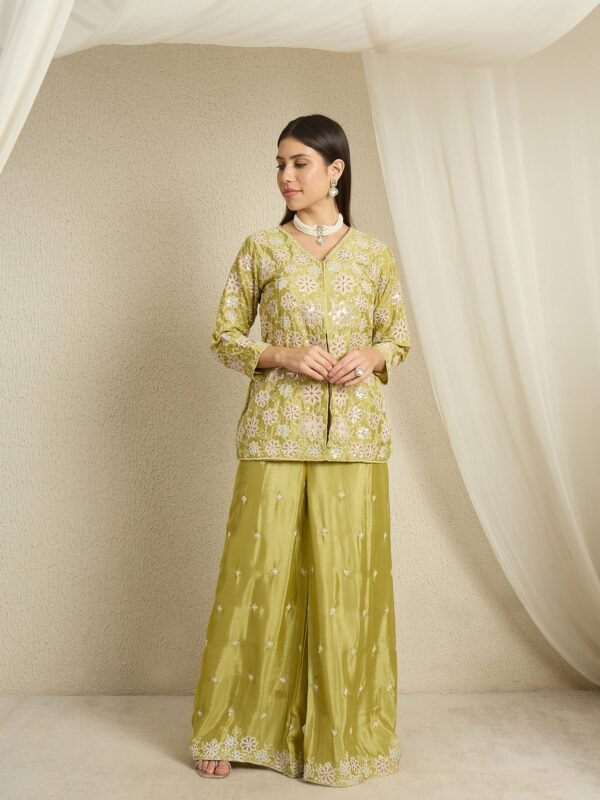 Green Embroidered Kurta Palazzo Set with Lace Dupatta