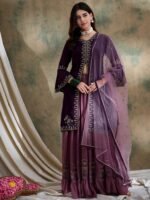 Regal Purple Embroidered Flared Kurta Lehenga Set with Round Neck & Net Dupatta