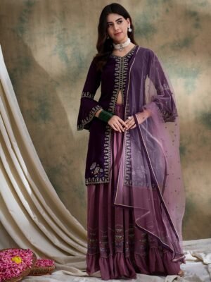 Regal Purple Embroidered Flared Kurta Lehenga Set with Round Neck & Net Dupatta