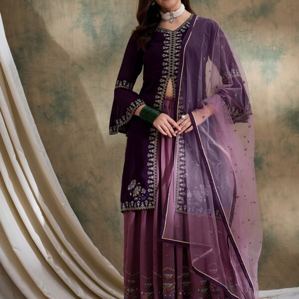 Regal Purple Embroidered Flared Kurta Lehenga Set with Round Neck & Net Dupatta