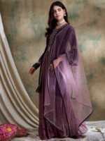 Regal Purple Embroidered Flared Kurta Lehenga Set with Round Neck & Net Dupatta