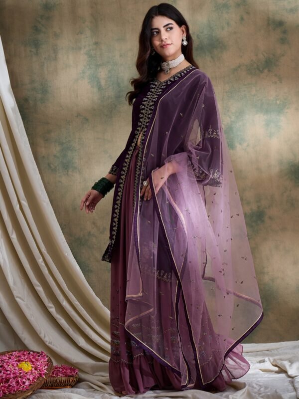 Regal Purple Embroidered Flared Kurta Lehenga Set with Round Neck & Net Dupatta