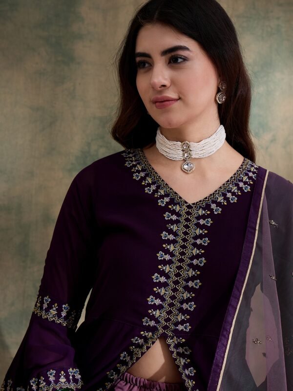 Regal Purple Embroidered Flared Kurta Lehenga Set with Round Neck & Net Dupatta