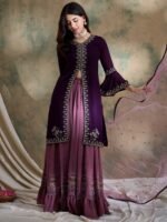 Regal Purple Embroidered Flared Kurta Lehenga Set with Round Neck & Net Dupatta