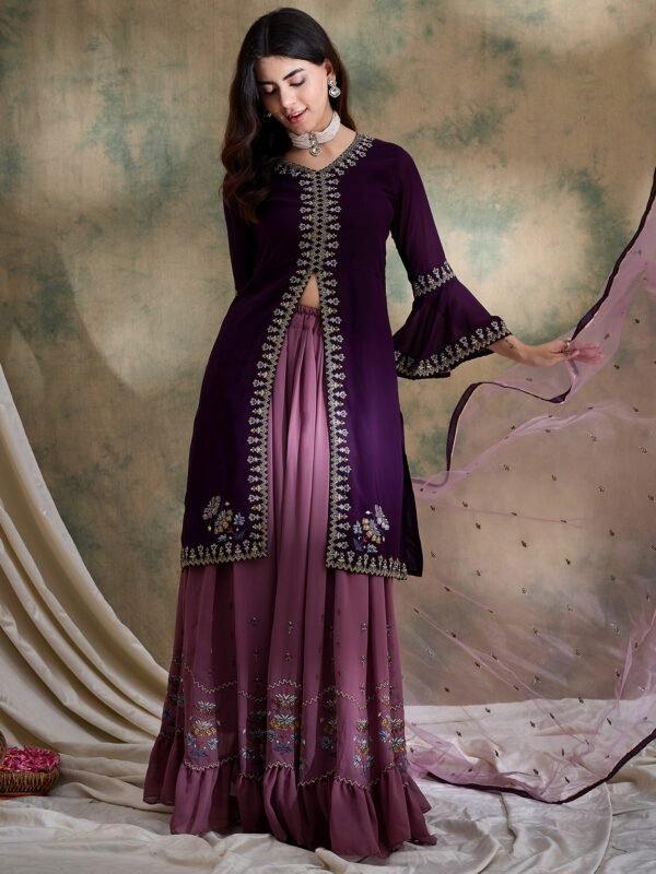 Regal Purple Embroidered Flared Kurta Lehenga Set with Round Neck & Net Dupatta