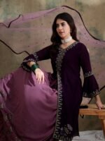 Regal Purple Embroidered Flared Kurta Lehenga Set with Round Neck & Net Dupatta