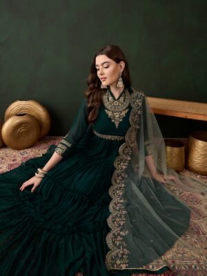 Elegant Green Embroidered Faux Georgette Gown with Collar Neck & Net Dupatta