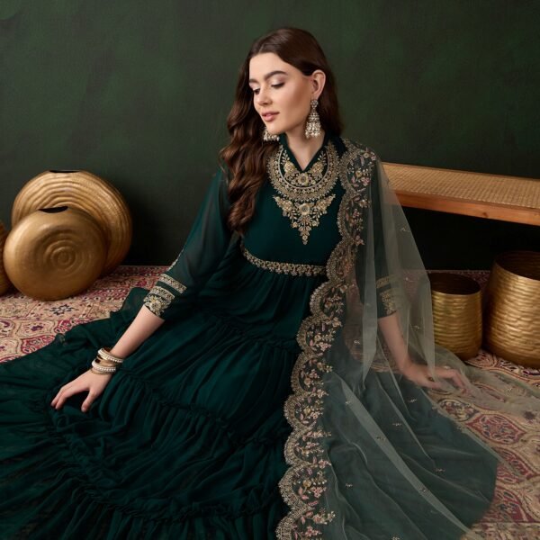 Elegant Green Embroidered Faux Georgette Gown with Collar Neck & Net Dupatta