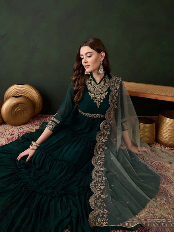 Elegant Green Embroidered Faux Georgette Gown with Collar Neck & Net Dupatta