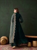 Elegant Green Embroidered Faux Georgette Gown with Collar Neck & Net Dupatta