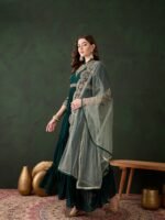 Elegant Green Embroidered Faux Georgette Gown with Collar Neck & Net Dupatta