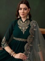 Elegant Green Embroidered Faux Georgette Gown with Collar Neck & Net Dupatta