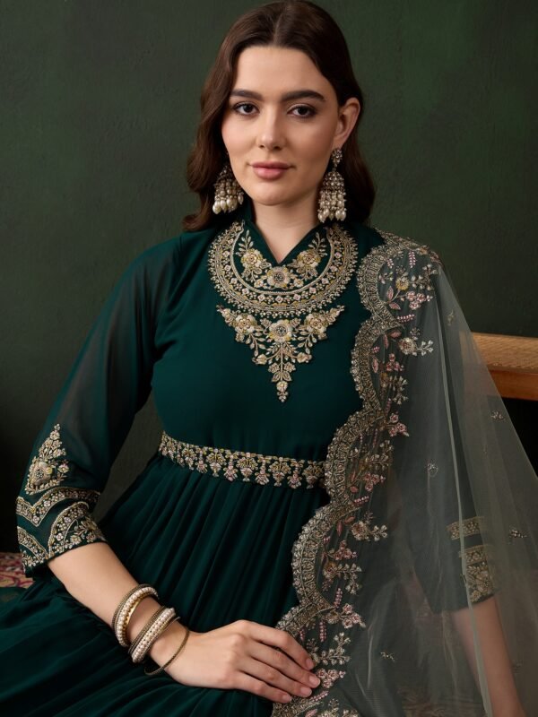 Elegant Green Embroidered Faux Georgette Gown with Collar Neck & Net Dupatta