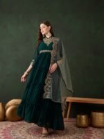 Elegant Green Embroidered Faux Georgette Gown with Collar Neck & Net Dupatta