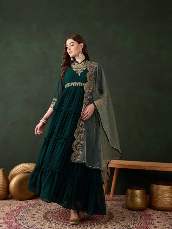 Elegant Green Embroidered Faux Georgette Gown with Collar Neck & Net Dupatta