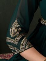 Elegant Green Embroidered Faux Georgette Gown with Collar Neck & Net Dupatta