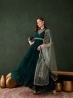 Elegant Green Embroidered Faux Georgette Gown with Collar Neck & Net Dupatta