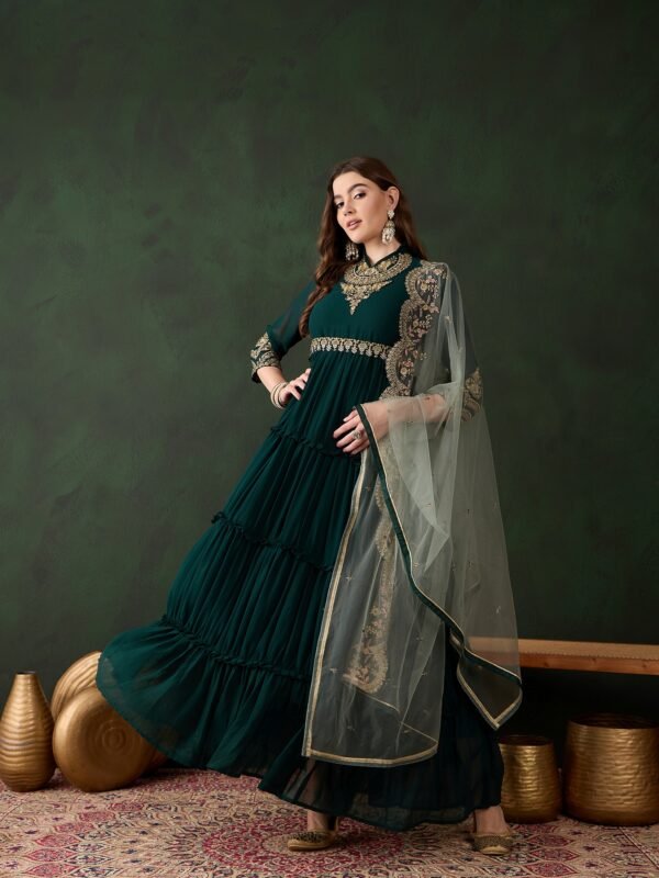 Elegant Green Embroidered Faux Georgette Gown with Collar Neck & Net Dupatta